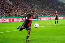 Jeremie Frimpong of Leverkusen in action during the DFB cup semifinal match between Bayer 04 Leverkusen and Fortuna Düsseldorf at BayArena on April...