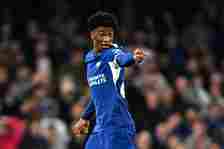 Josh-Kofi Acheampong of Chelsea gestures during the Premier League match between Chelsea FC and Tottenham Hotspur at Stamford Bridge on May 02, 202...