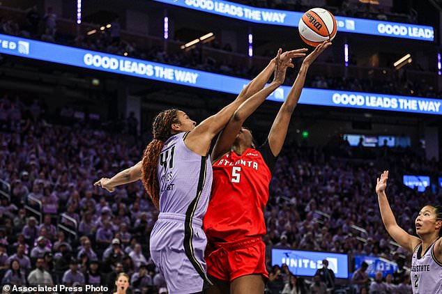 Atlanta Dream forward Angel Reese (5) is fouled by Golden State Valkyries center Kiah Stokes (41) during the second half of Game 2 of the WNBA basketball finals, Monday, Oct. 19, 2026, in San Francisco. (AP Photo/Justine Willard)