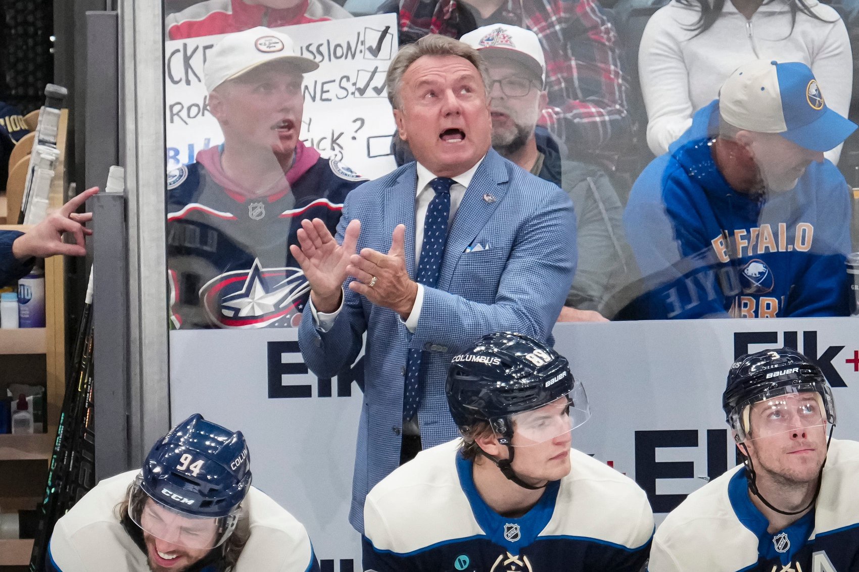 Columbus Blue Jackets head coach Rick Bowness talks to his team during the NHL hockey game against the Vegas Golden Knights at Nationwide Arena on Oct. 24, 2026.