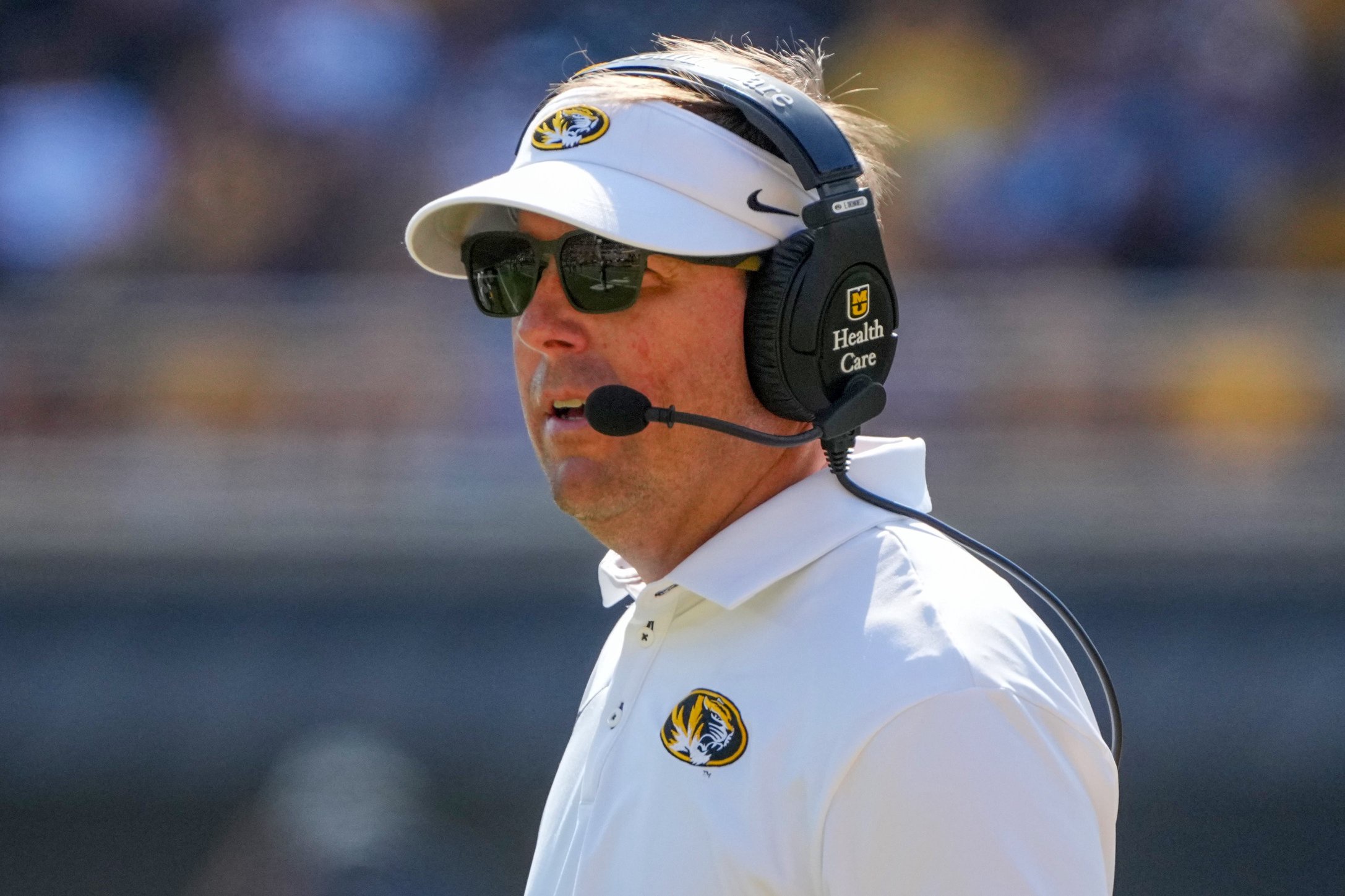 Oct 10, 2026; Columbia, Missouri, USA; Missouri Tigers head coach Eli Drinkwitz on field against the Texas A&amp;M Aggies during the second half of the game at Faurot Field at Memorial Stadium. Mandatory Credit: Denny Medley-Imagn Images
