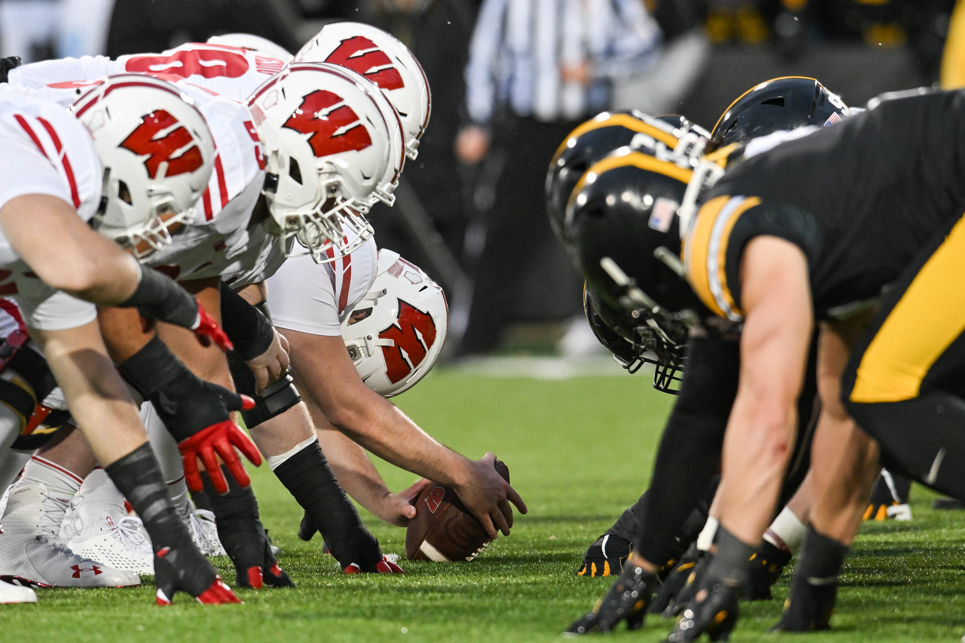 Nov 12, 2022; Iowa City, Iowa, USA; The line of scrimmage between the Iowa Hawkeyes and the Wisconsin Badgers during the second quarter at Kinnick Stadium. Mandatory Credit: Jeffrey Becker-USA TODAY Sports
