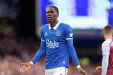 Amadou Onana  of Everton during  the Premier League match between Everton FC and Aston Villa at Goodison Park on January 14, 2024 in Liverpool, Eng...