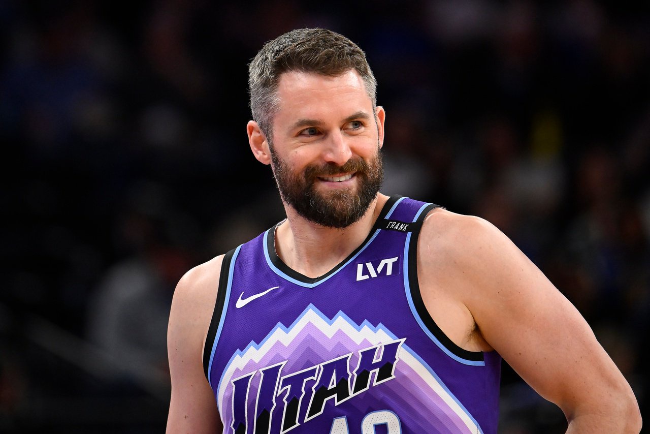 Kevin Love looks on during a Utah Jazz game. 