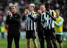 Newcastle United Head Coach Eddie Howe , Anthony Gordon, First Team Coach Simon Weatherstone, Alexander Isak and Matt Ritchie clap the fans during ...