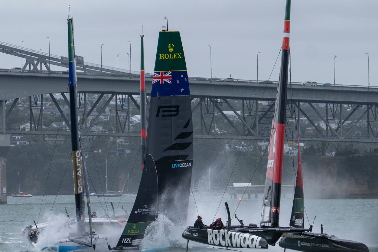 Black Foils SailGP Team helmed by Peter Burling and DS Automobiles SailGP Team France helmed by Quentin Delapierre collide during racing on Race Day 1 of the ITM New Zealand Sail Grand Prix in Auckland, New Zealand