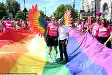 London Mayor Sadiq Khan lead the crowd at the capital's Pride parade today as the rainbow clad crowd marched through the city