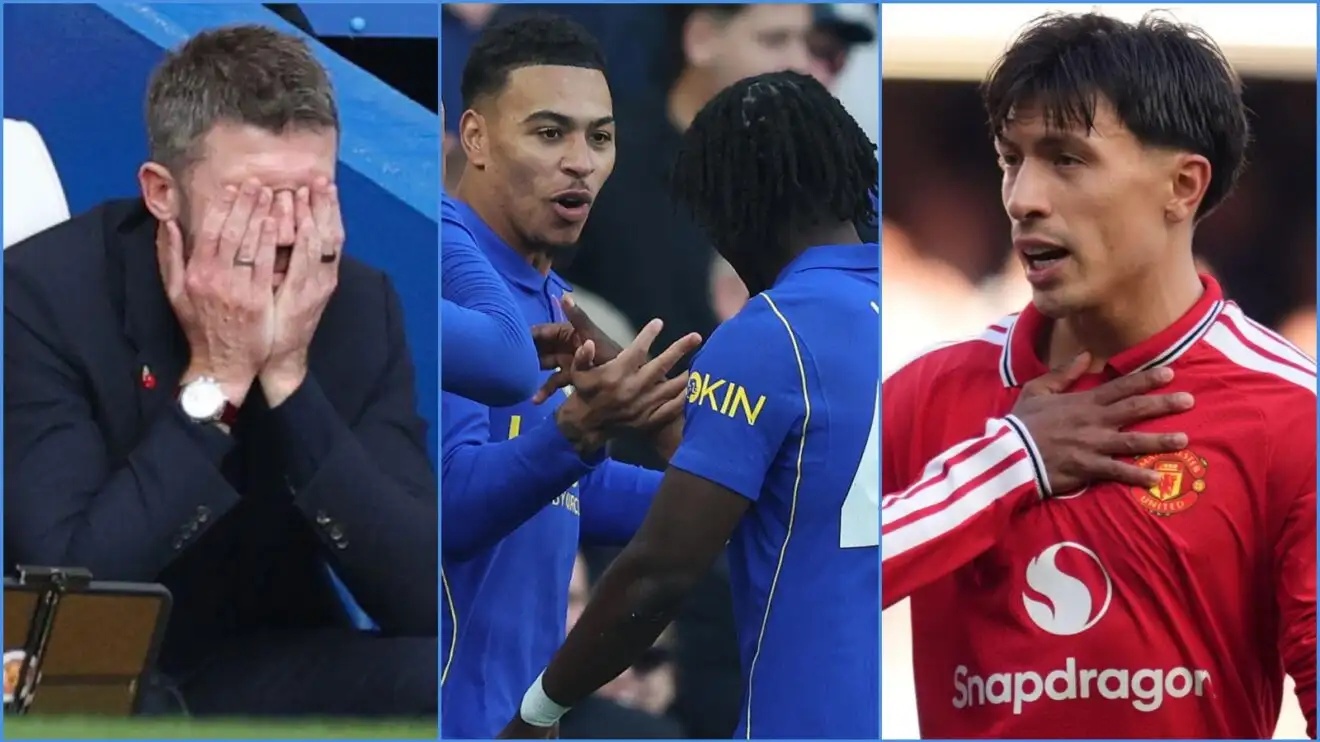 Manchester United's Michael Carrick and Lisandro Martinez, Chelsea's Morgan Rogers and Romeo Lavia