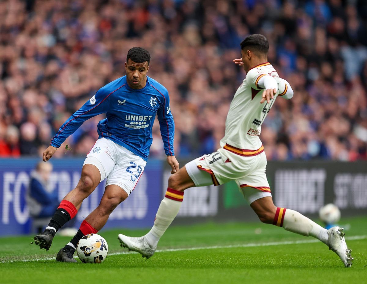 Motherwell's Kai Andrews (right) closes in on Rangers' Hamza Igamane at Ibrox Stadium, Glasgow, where the Coventry City loan player helped the Scottish club to a 2-1 victory