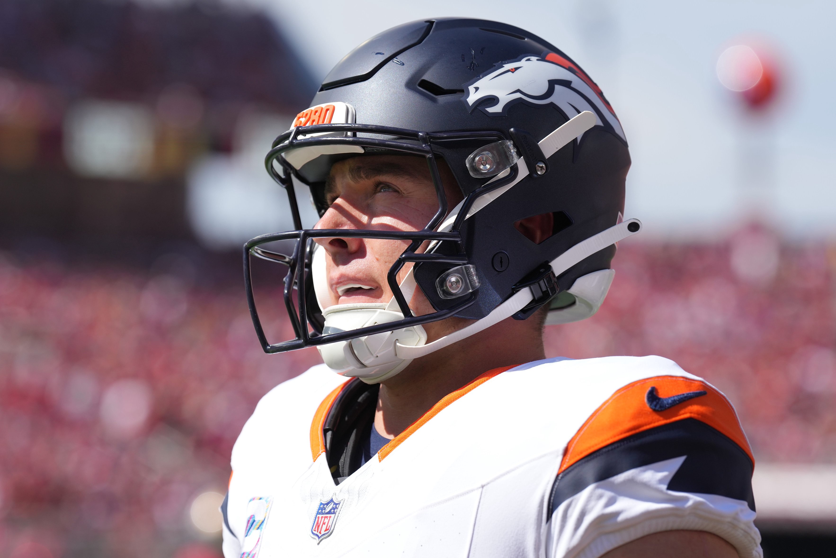 Oct 4, 2026; Santa Clara, California, USA; Denver Broncos quarterback Bo Nix (10) before the game against the San Francisco 49ers at Levi's Stadium. Mandatory Credit: Darren Yamashita-Imagn Images
