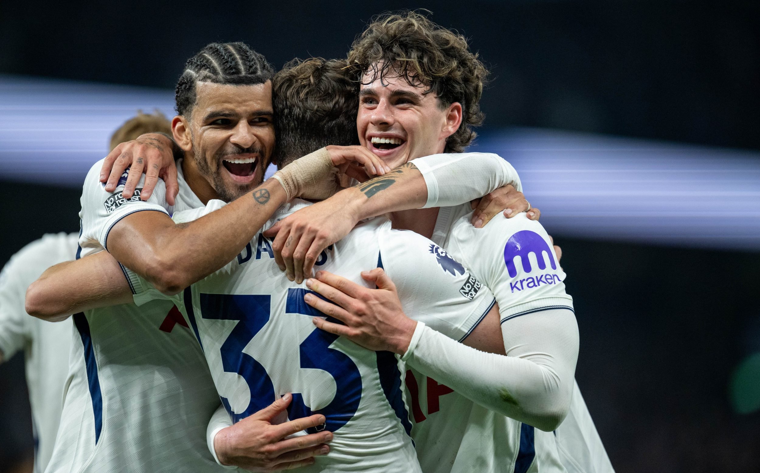 Dominic Solanke, Ben Davies (centre) and Archie Gray