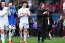 Daniel Farke the head coach / manager of Leeds United applauds the fans at full time during the Sky Bet Championship match between Leeds United and...