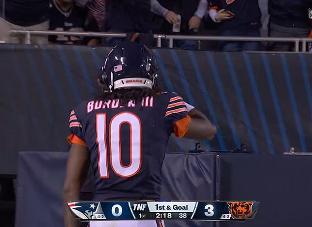 Bears wideout Luther Burden celebrated a bit too much after a long pass completion