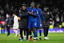 Ian Maatsen and Axel Disasi of Chelsea celebrate victory at full-time followingthe Premier League match between Tottenham Hotspur and Chelsea FC at...