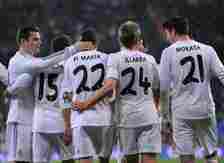 Angel di Maria of Real Madrid celebrates with  Jose Ignacio 'Nacho' (L), Asier Illarramendi  alias 'Illara' and Alvaro Morata after scoring Real's ...