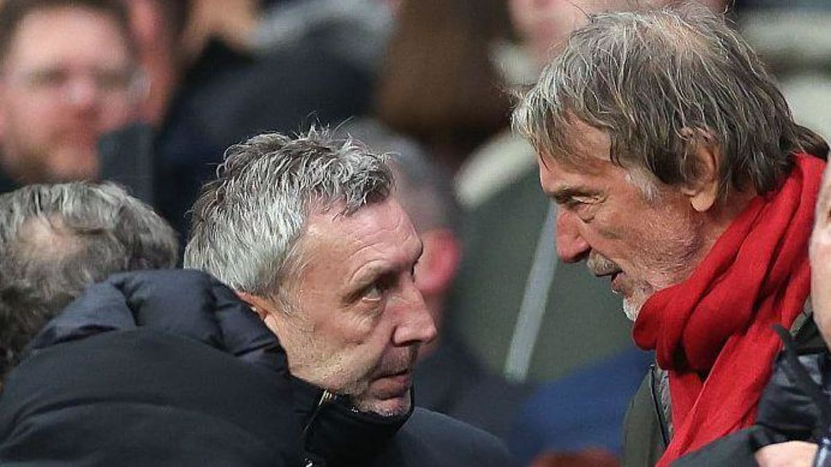  Sir Jim Ratcliffe, owner of Ineos, co-owner of Manchester United speaks with Jason Wilcox, Director of Football 