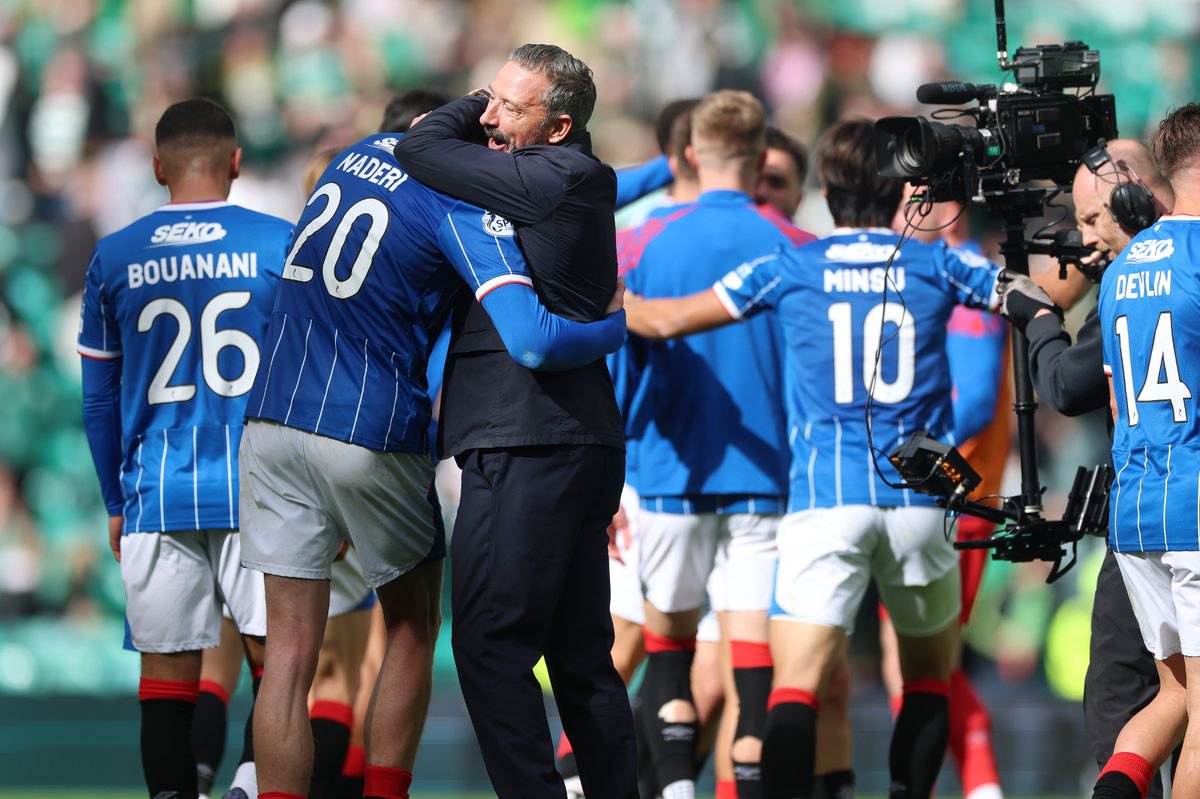 Rangers manager Derek McInnes celebrates with Ryan Naderi 