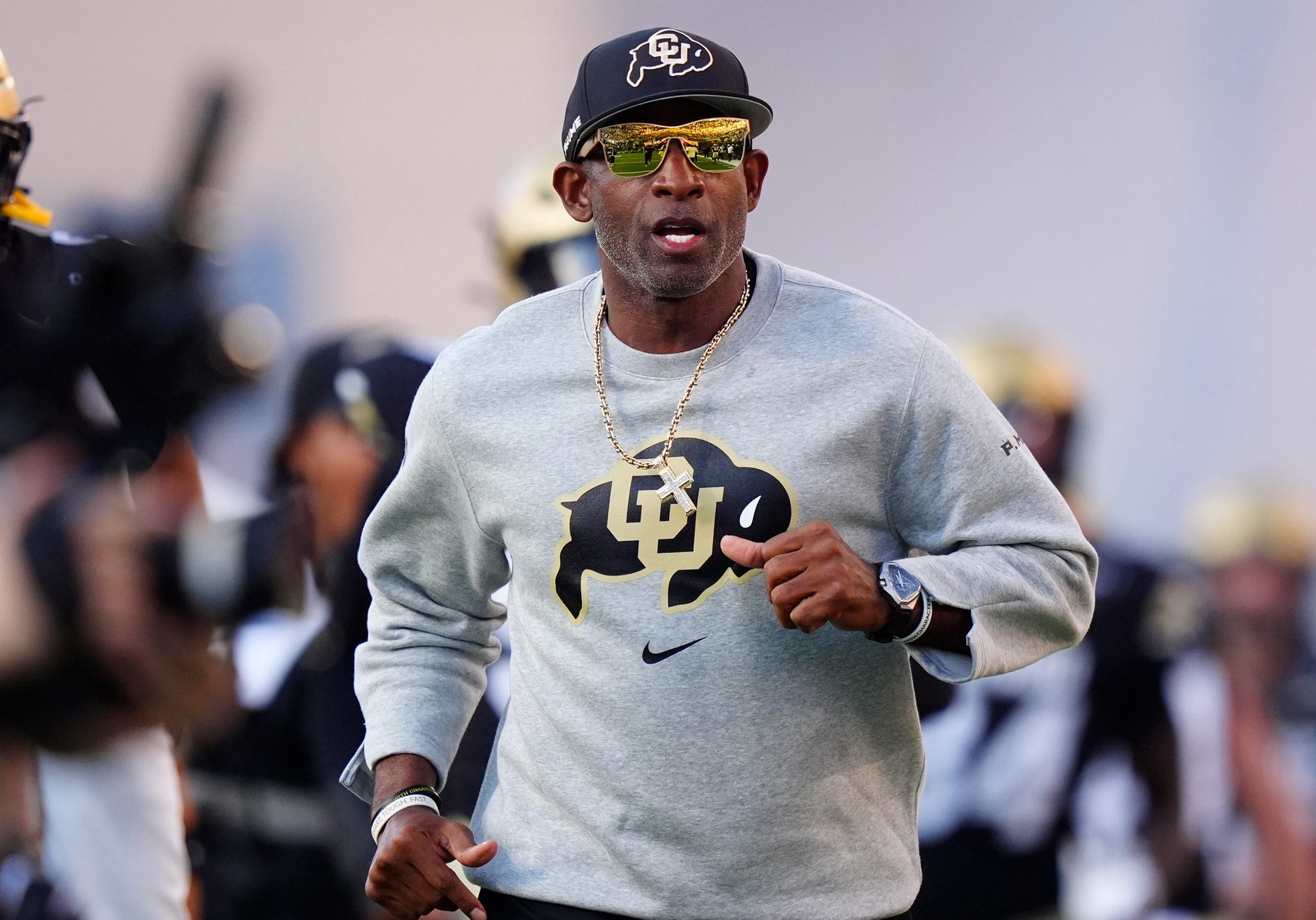 Oct 3, 2026; Boulder, Colorado, USA;  Colorado Buffaloes head coach Deion Sanders before the game against the Texas Tech Red Raiders at Folsom Field.  Mandatory Credit: Ron Chenoy-Imagn Images