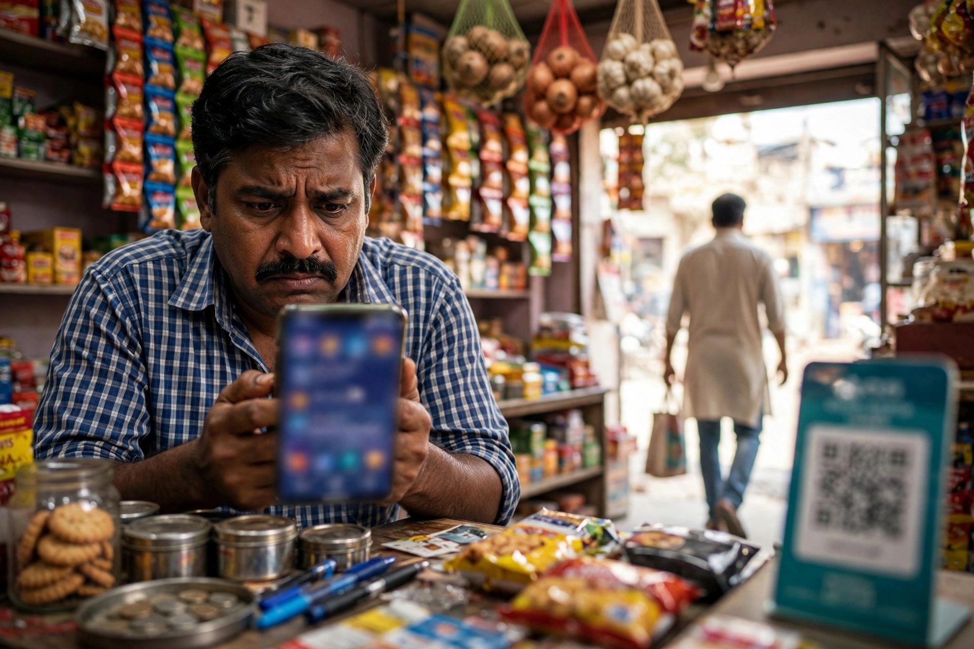 upi payment not received shopkeeper hindi - खाते में पैसा न आने पर फोन जांचता चिंतित दुकानदार