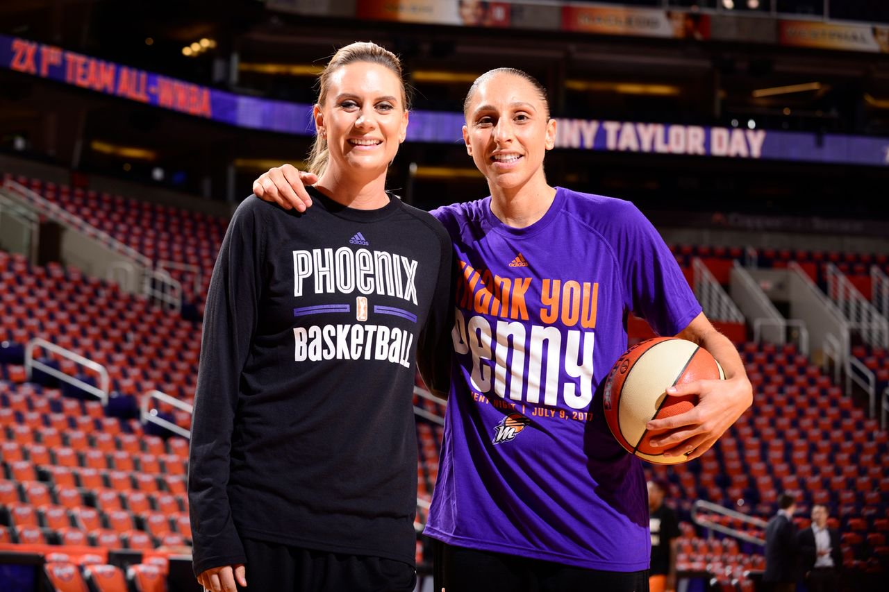 Penny Taylor and Diana Taurasi in Phoenix on July 9, 2017.Credit: Barry Gossage/NBAE via Getty