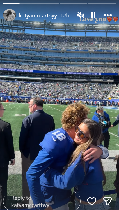 J.J. McCarthy and his wife Katya share a huge before he took the field for the Giants in his home debut. 