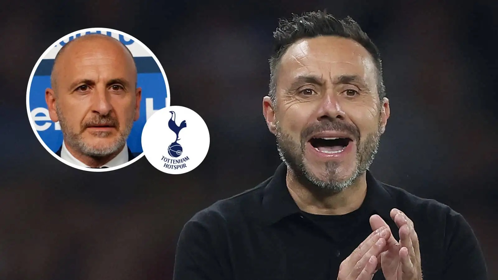 Roberto De Zerbi, Piero Ausilio with Tottenham badge