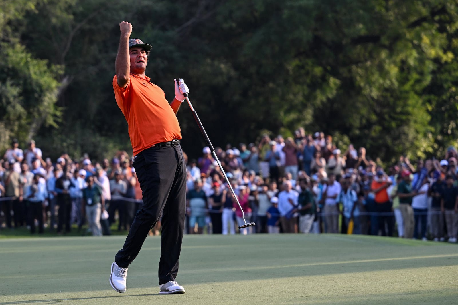 Spain's Eugenio Chacarra celebrates after winning the DP World India Championship at the Delhi Golf Club. Photograph: Arun Sankar/AFP via Getty Images