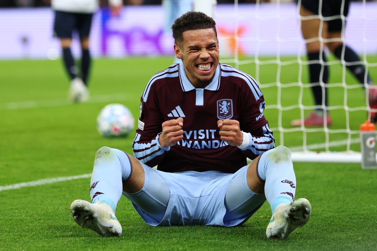 Aston Villa's Alysson celebrates after scoring this side third goal during the Champions League soccer match between Aston Villa and Viking FK in Birmingham, England, Wednesday, Oct. 21, 2026. (AP)