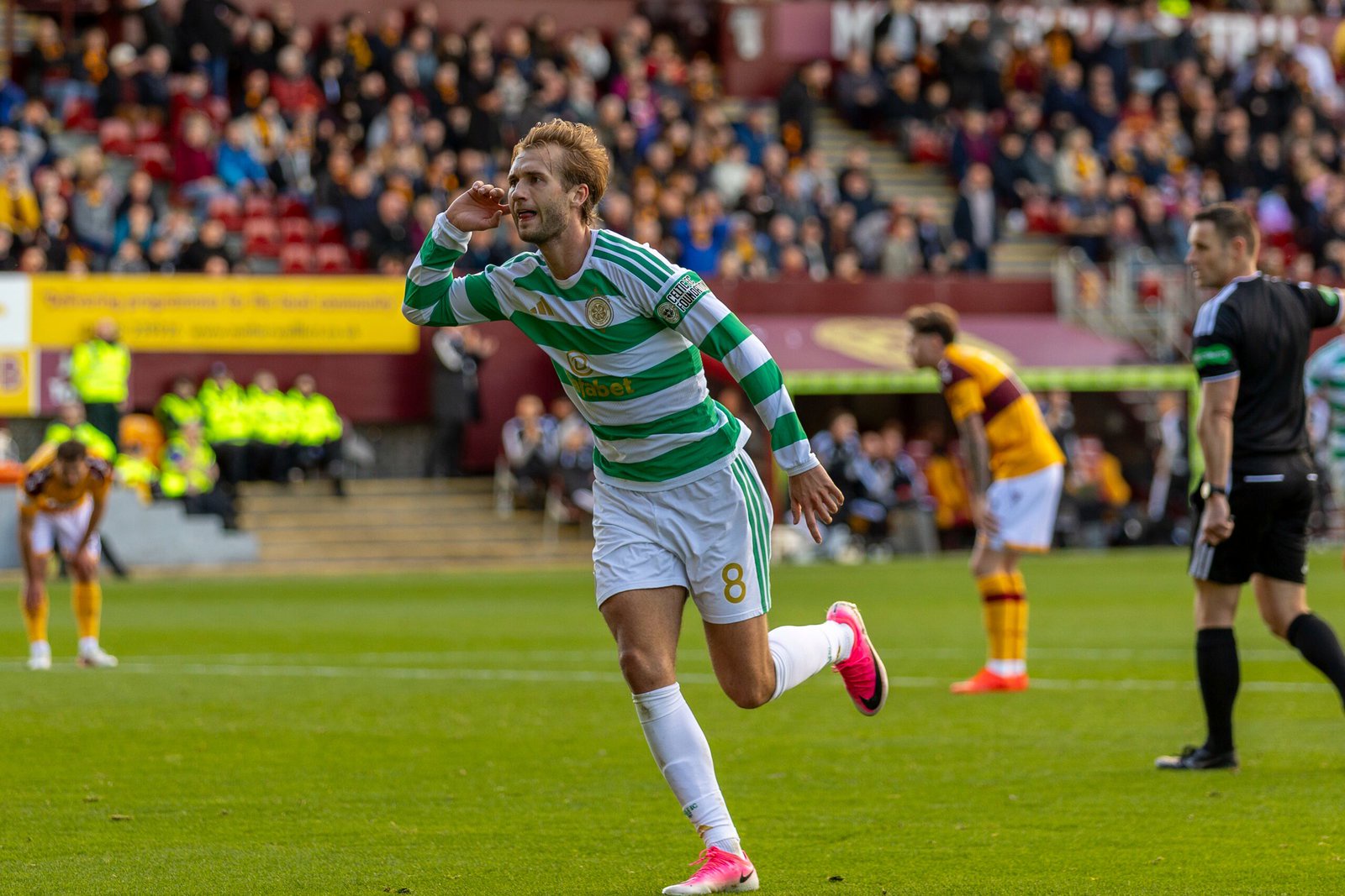 Benjamin Nygren of Celtic runs away in celebration after scoring against Motherwell at Fir Park