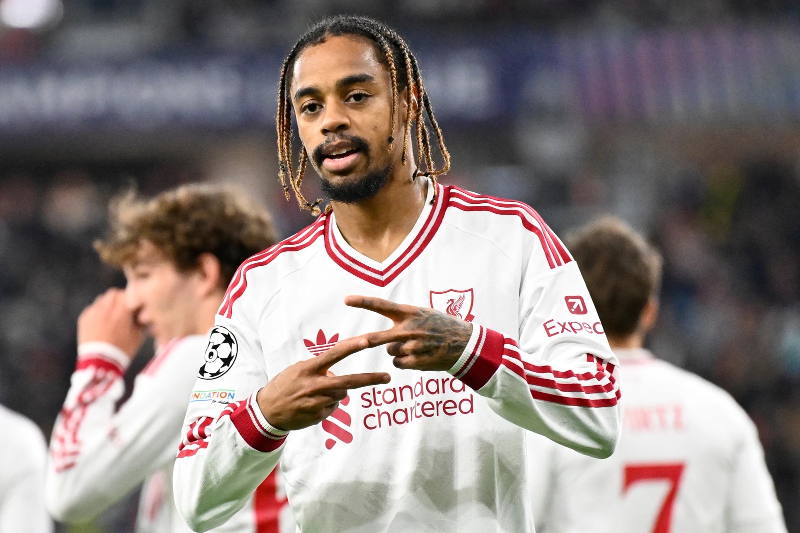 Liverpool's Bradley Barcola celebrates after scoring his side's second goal during their Champions League opening phase match against LASK in Linz, Austria, Oct. 14, 2026. (AP)