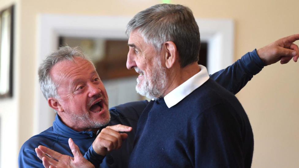 Mike Jones (right) pictured during an Ospreys golf day with former Swansea and Wales captain and fly-half Bleddyn Bowen