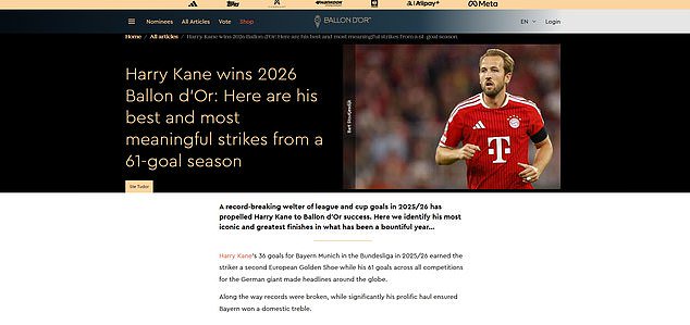 Ballon d'Or organisers published three articles announcing different winners of the Ballon d'Or, including England captain Harry Kane