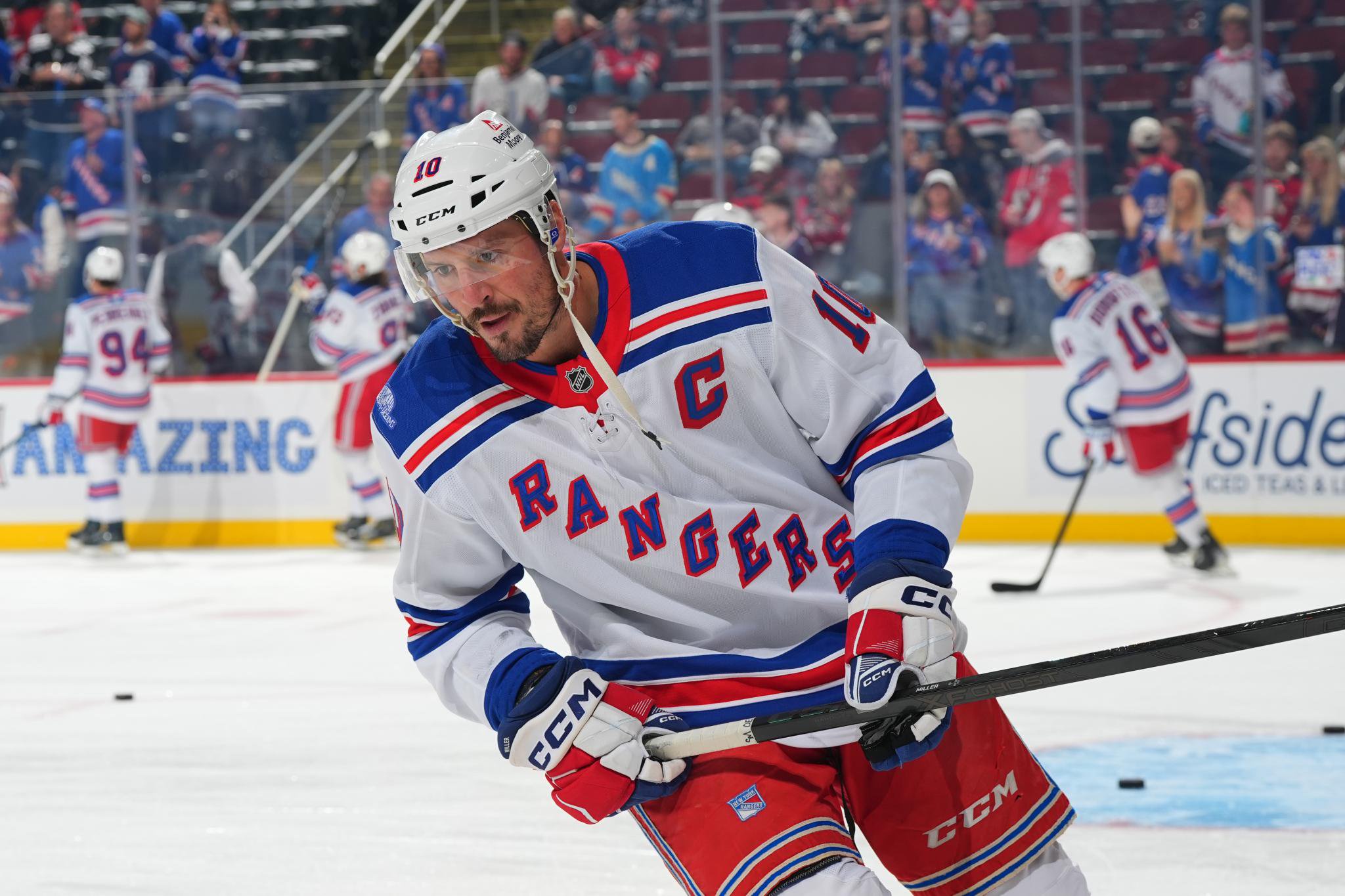 J.T. Miller skates during warm up prior to the game against the New Jersey Devils on October 15, 2026 at the Prudential Center in Newark, New Jersey. 