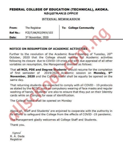 fce akoka resumption date
