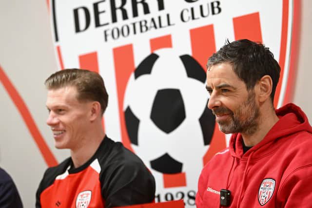 James arrived at Derry to much fanfare in January, pictured alongside former manager Tiernan Lynch at his unveiling.