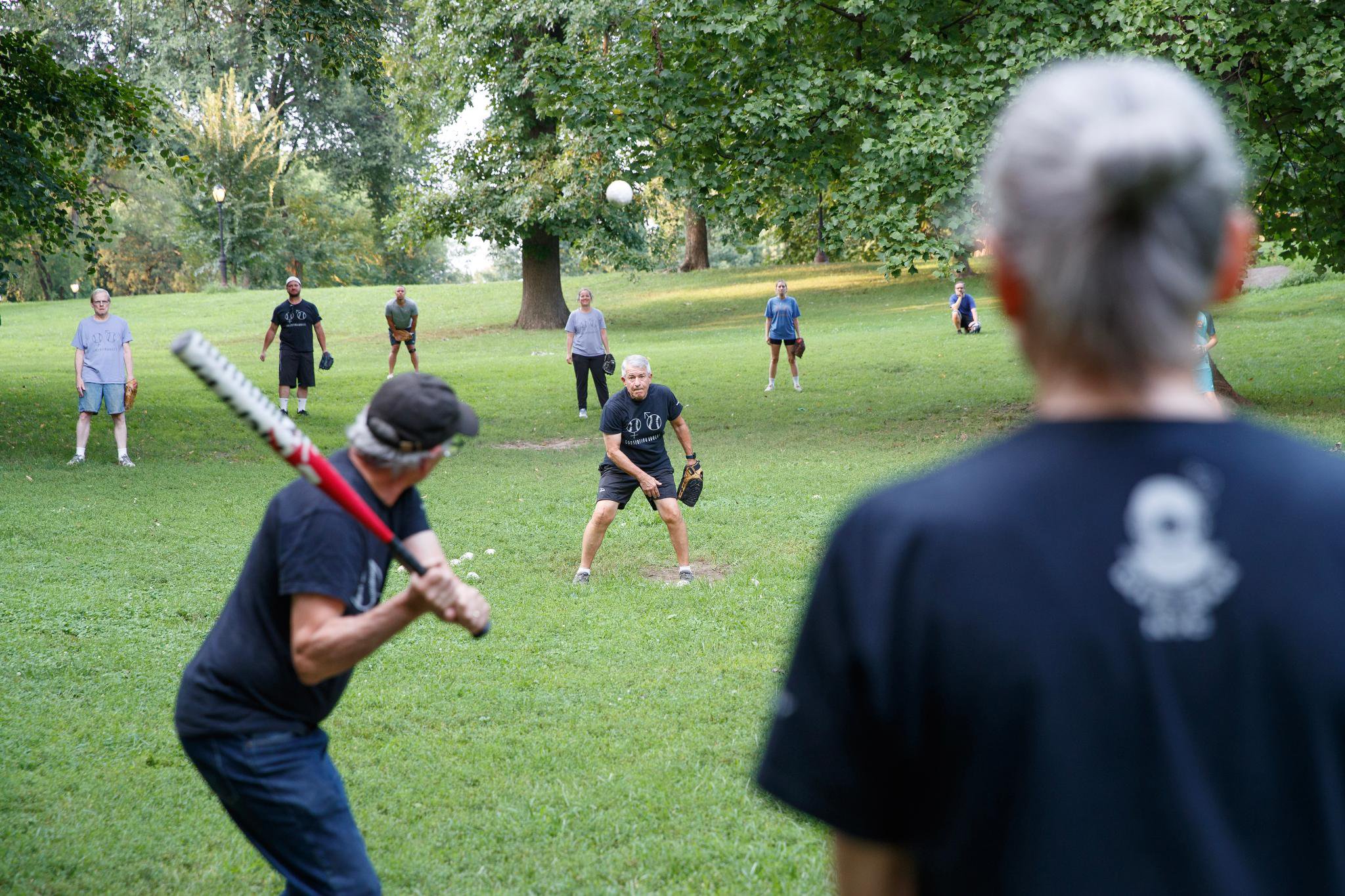 Keith Eisenstark getting ready to bat with Michael Titowsky out in the field.