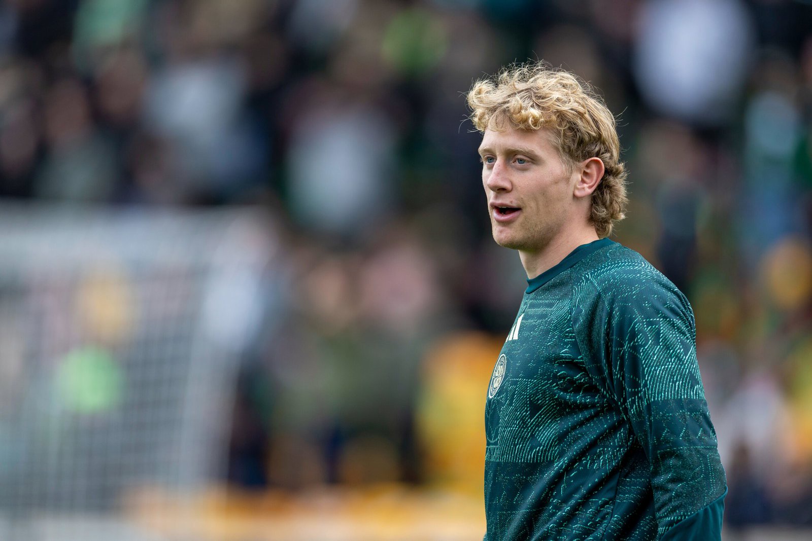 Oliver Sorensen of Celtic in a green training top during the warm-up at Fir Park before the Motherwell match