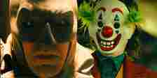 Split image of Batman in Batman V Superman and Joker in a mask in the Joker movie
