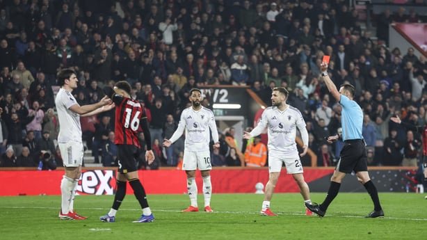 Manchester United defender Harry Maguire is sent off against Bournemouth