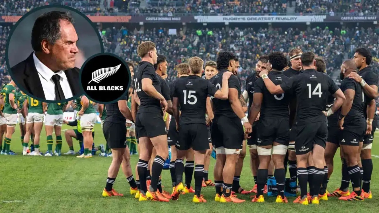 All Blacks players huddle and an inset of Dave Rennie.