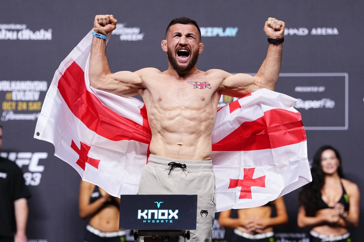 ABU DHABI, UNITED ARAB EMIRATES - OCTOBER 23: Merab Dvalishvili of Georgia poses on the scale during the UFC 333 ceremonial weigh-in at Etihad Arena on October 23, 2026 in Abu Dhabi, United Arab Emirates. (Photo by Jeff Bottari/Zuffa LLC)