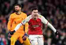 Gabriel Martinelli of Arsenal celebrates scoring his team's second goal during the Premier League match between Arsenal FC and Liverpool FC at Emir...
