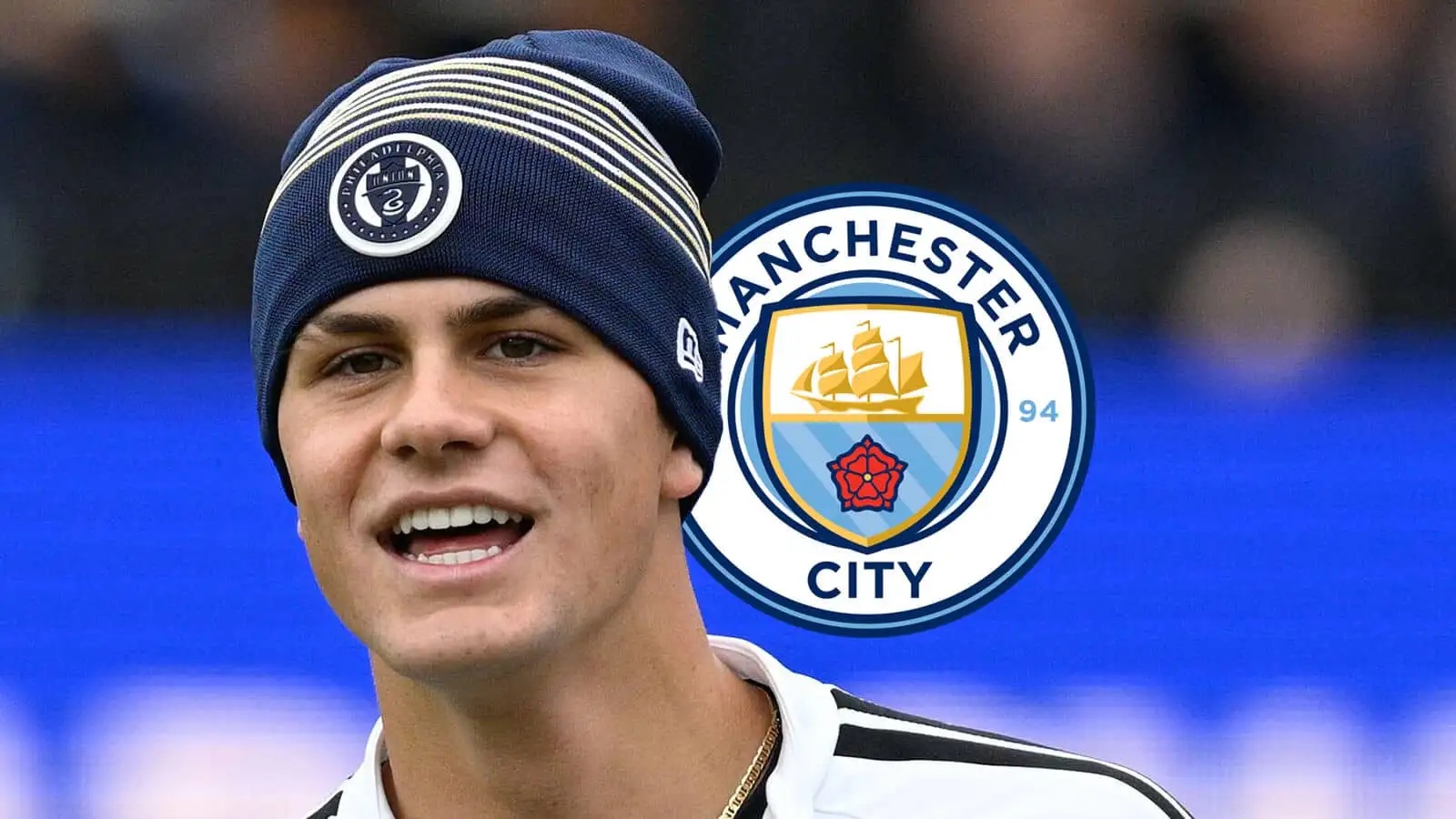 US midfielder Cavan Sullivan next to the Manchester City badge