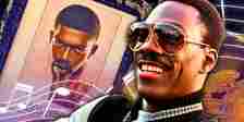 Eddie Murphy's Axel wearing sunglasses from Axel F, with the cover image for Lil Nas X's theme song 