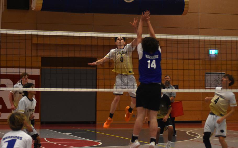 Stuttgart’s Theron Allan tries to block a spike by Wiesbaden on Friday, Oct. 30, 2026, at Kaiserslautern High School, Germany. Stuttgart advanced to the 2026 DODEA European boys’ Division I volleyball match on Saturday to face SHAPE.