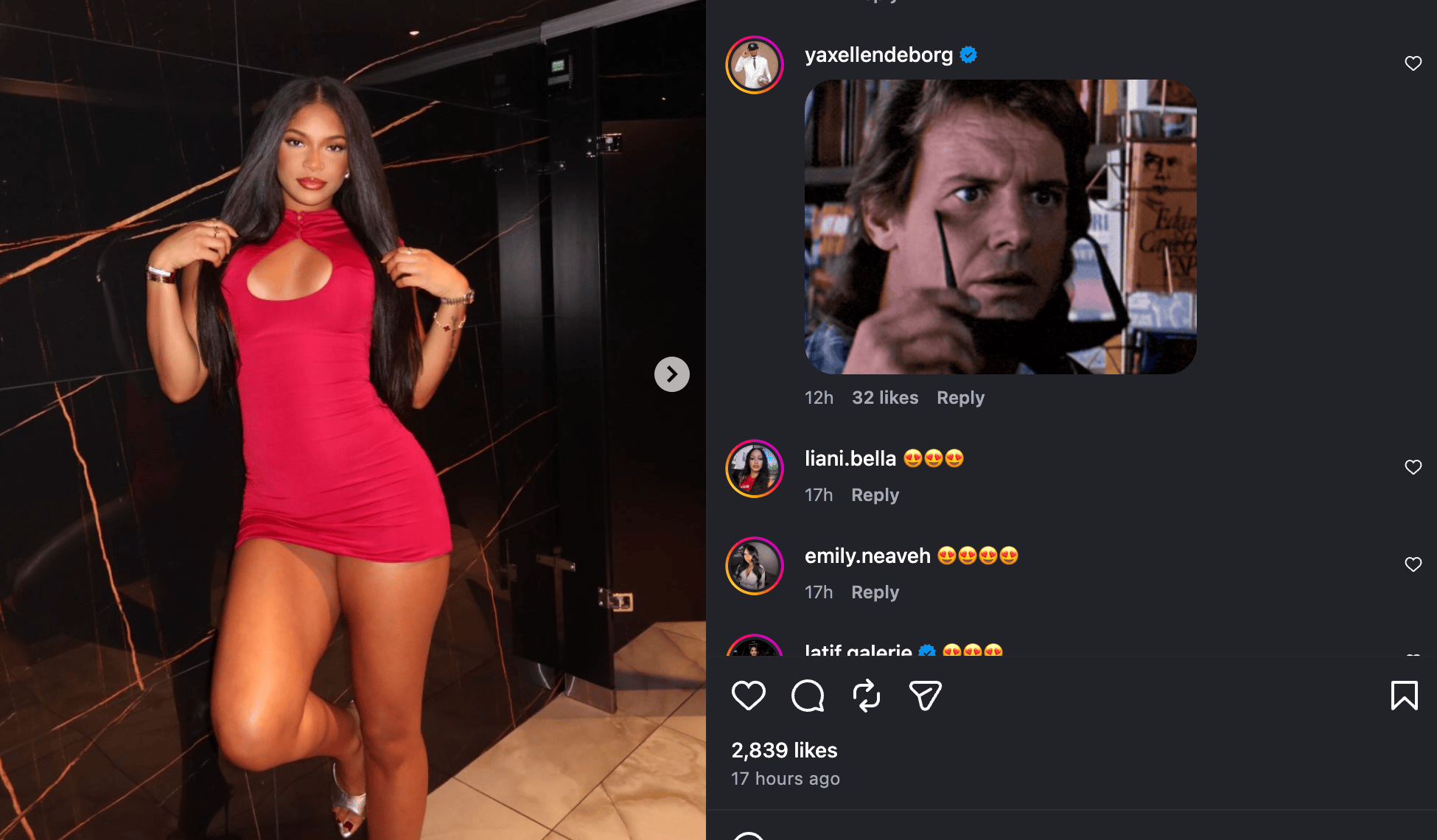 Screenshot of an Instagram post featuring a woman in a red dress on the left and a comment section on the right, which includes a GIF of a man looking closely at something through glasses.
