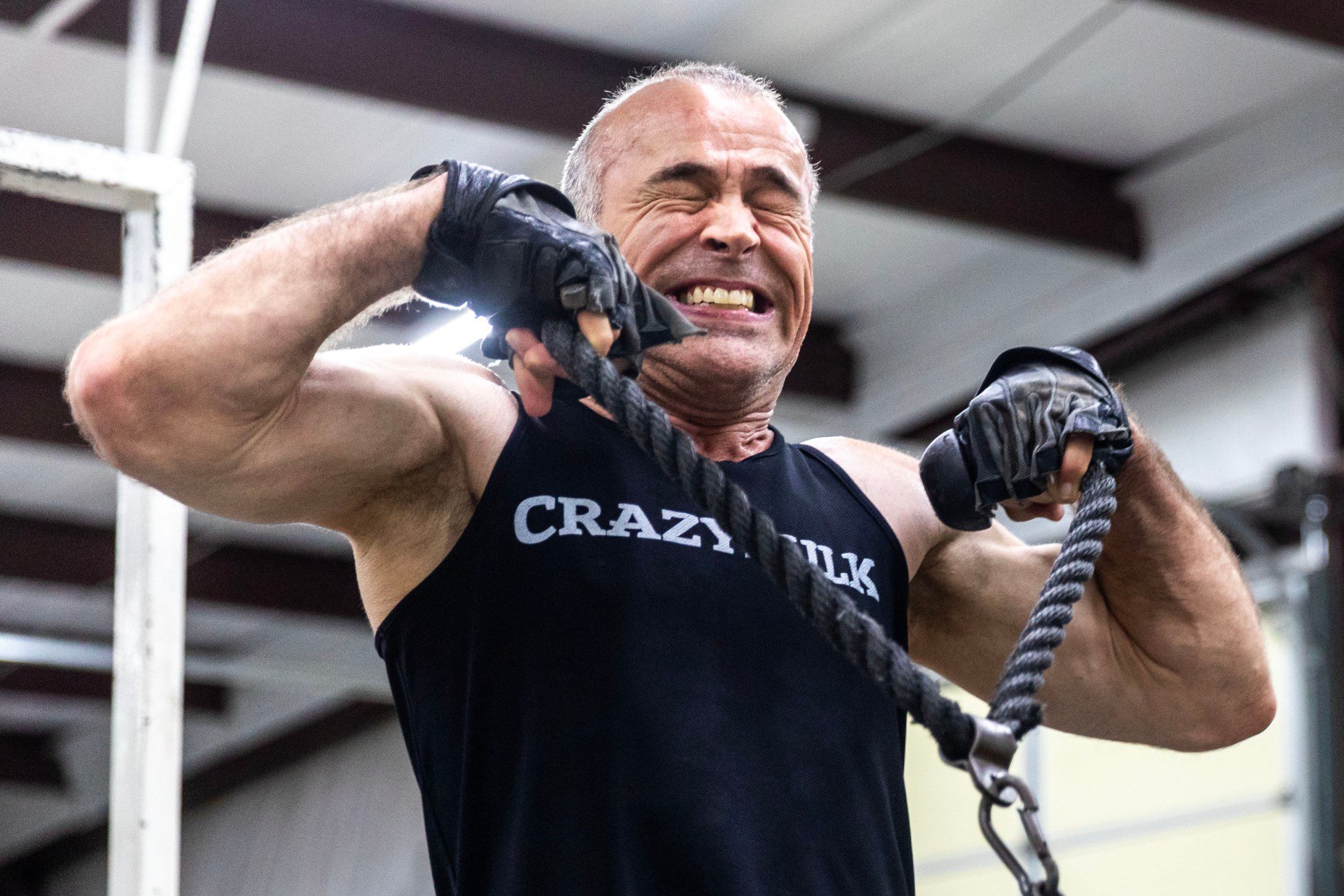 Steve Alexy works his arms during his workout at Retro...