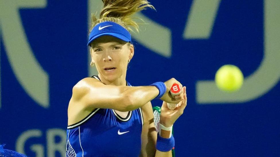 Katie Boulter hits the ball during her win against Himeno Sakatsume at the Japan Open