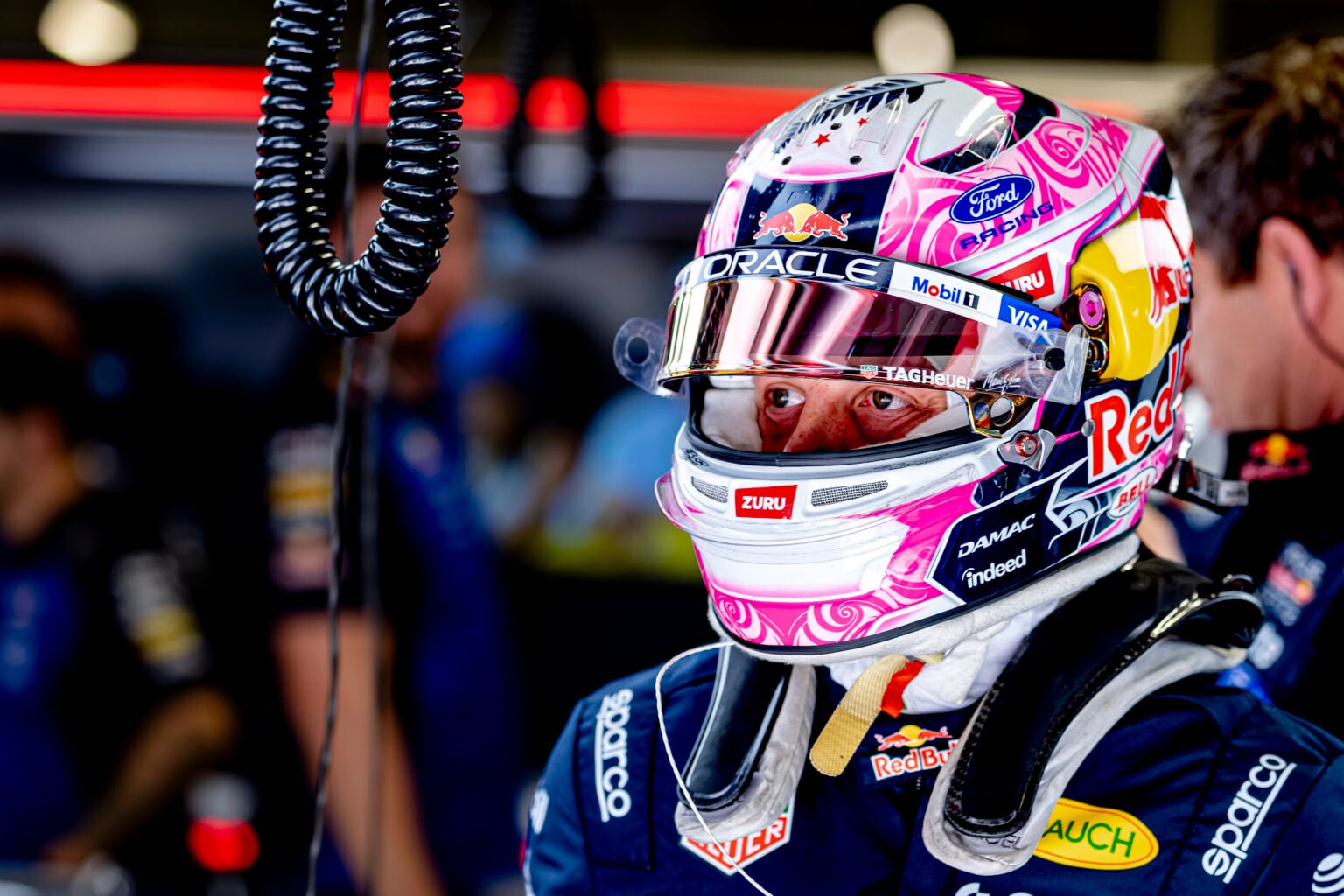 Liam Lawson gets ready for qualifying for the 2026 F1 Spanish Grand Prix in the Red Bull garage while standing in for the injured Isack Hadjar at the Madring