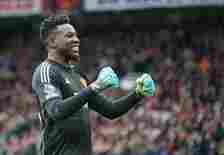 Manchester United's Andre Onana celebrates during the Premier League match against Liverpool